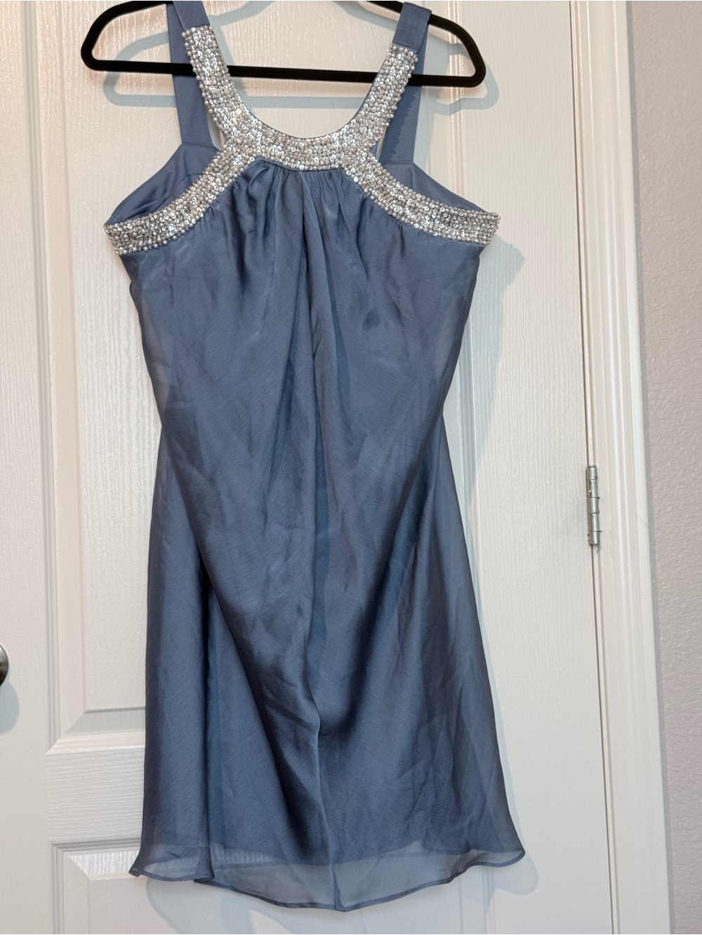 dressbarn Women’s Slate Blue Sleeveless Dress with Rhinestone Trim